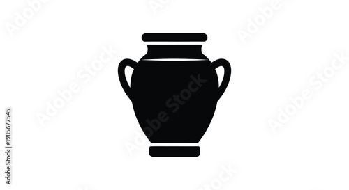 A simple black silhouette depicts an ancient greek amphora with handles and a distinct shape silhouette high quality