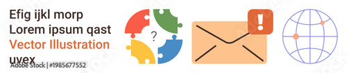 Problem solving, communication, global connectivity, email alerts, teamwork, education. Puzzle pieces with question mark, envelope with alert globe. Problem solving and communication
