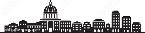 Cityscape Silhouette with Dome Building and Skyscrapers, Urban Skyline Illustration