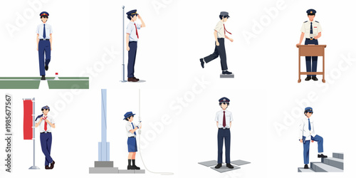 Minimalist Anime Style Character Set Featuring Boys in Uniforms Performing Various Tasks Like Saluting Walking and Climbing Stairs