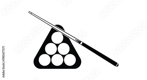 A striking black and white depiction of a racked billiard ball set with a cue stick silhouette