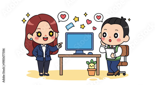 Cute cartoon characters of a girl and a boy engaging in a friendly conversation at a desk with a laptop and coffee cup