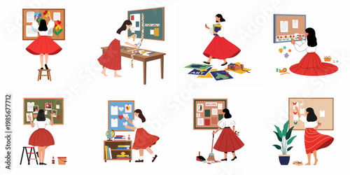 Set of flat illustrations depicting a teacher or student decorating classroom bulletin boards, organizing school supplies, and cleaning up a creative workspace.