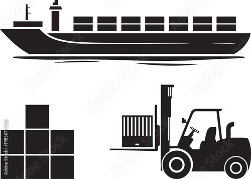 Container ship and forklift moving cargo boxes for shipping and logistics illustration