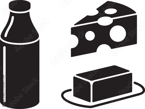 Dairy products illustration: bottle of milk, cheese wedge, and butter block for slice and dish