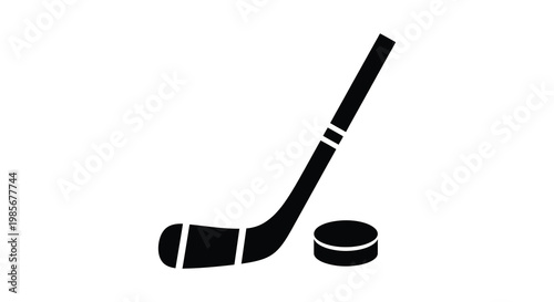A minimalist depiction showcases a hockey stick and puck presented in stark black against a white background silhouette