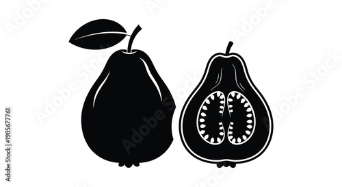 A striking black silhouette displays a whole pear alongside its halved counterpart showcasing internal details as a silhouette