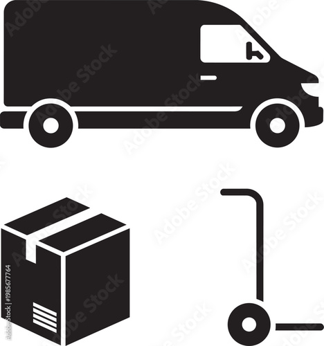 Delivery van, package, and hand truck illustration for logistics and shipping concepts