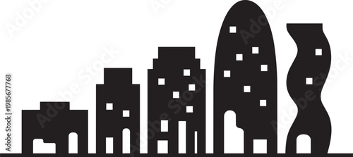 Diverse abstract silhouette buildings with square windows in a city skyline in outline style