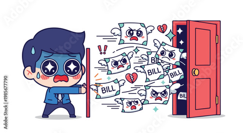 Cute cartoon boy with surprised expression standing near an open door with flying baby bottles and hearts