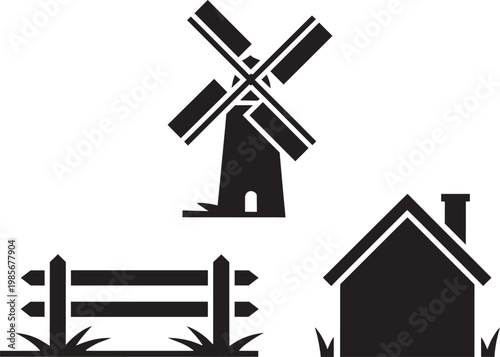 Farm icons, windmill, house and fence illustration, simple vector design