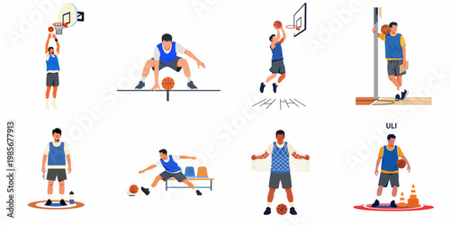 Collection of flat illustrations featuring basketball players and a coach in various action and training poses on a white background.