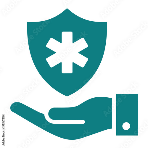 Teal hand holding medical shield icon on white background
