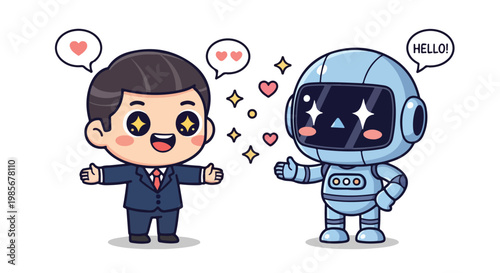 Cute cartoon businessman and friendly robot character exchanging greetings and showing friendship in a playful style