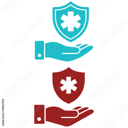 Two medical shield and hand icons in cyan and red protection