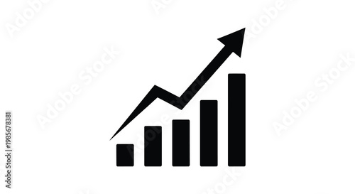 A stark black graphic depicts rising bar charts and a pointed arrow illustrating growth and progress silhouette