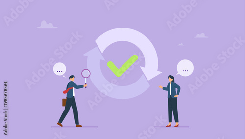 Businessman people with completed checkbox and circular arrows around. Task rechecking, review completed work to identify and correct error, carefulness in working concept.
