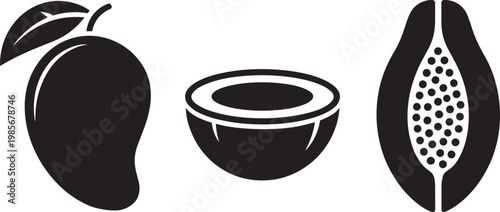 Mango, Half Coconut, and Papaya Slices Illustration for whole fruit and tropical fruit