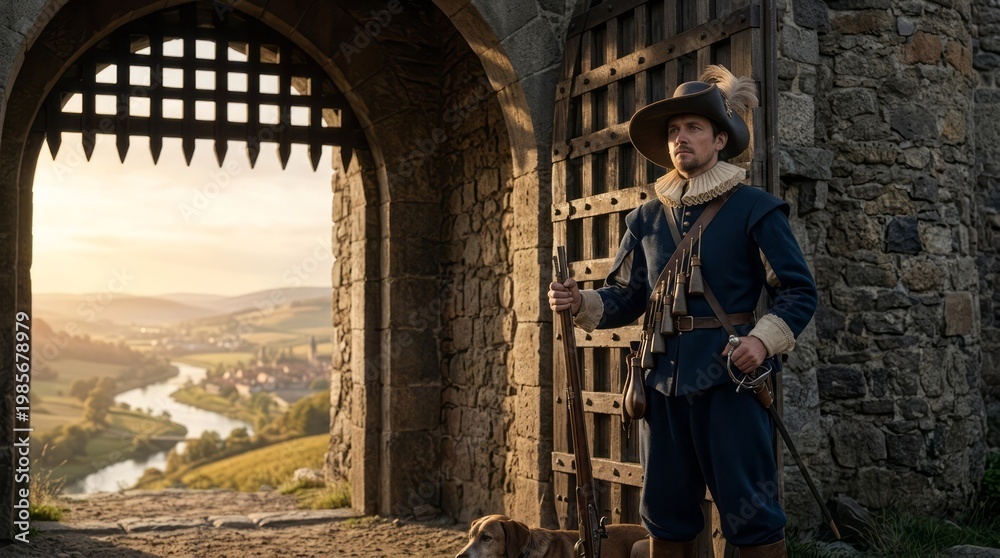 Fototapeta premium Historical Guard at Castle Gate Historical Castle Guard Landscape Sunset Medieval Costume. Concept featuring historical, castle, guard, landscape, sunset for professional commercial design.