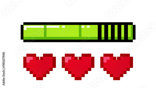 Fotografía Pixelated green battery bar and three red hearts, isolated on transparent backgr