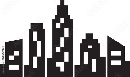 Pixelated cityscape vector illustration of various building silhouettes in outline style