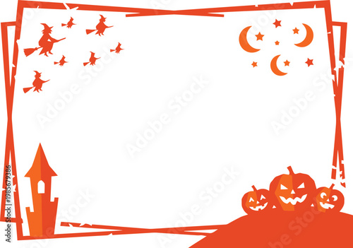 Spooky Halloween celebration frame featuring flying witches and grinning pumpkins against a white background.