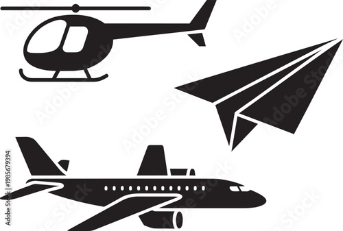 Paper plane icon set with aircraft, silhouette, and helicopter in outline style