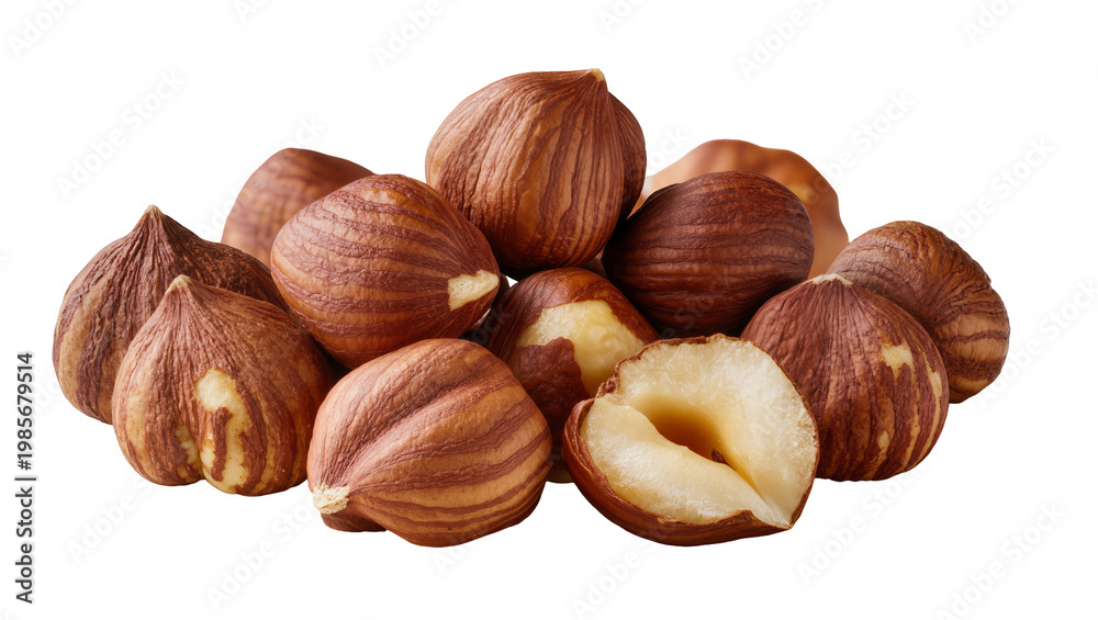 Fototapeta premium Pile of whole and halved hazelnuts with textured brown shells, isolated on transparent background