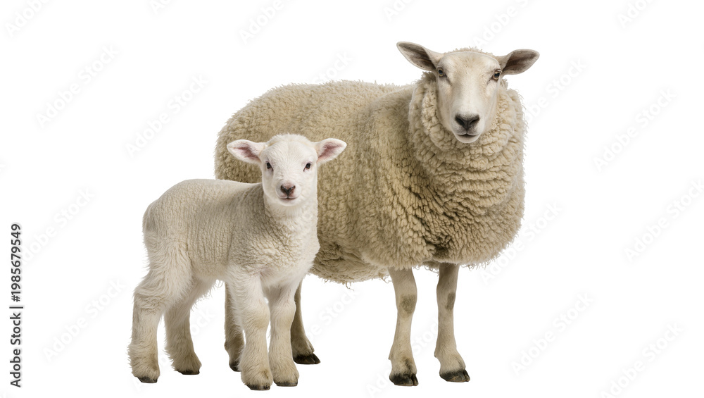 Obraz premium Fluffy white lamb standing next to mother sheep, isolated on transparent background