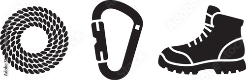 Rope, Carabiner, and Hiking Boot Icons for Outdoor Adventure and Climbing Gear in outline style