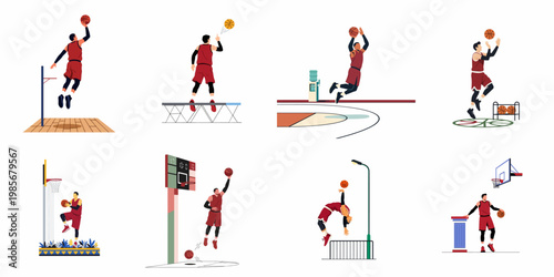 Set of flat vector illustrations featuring a male basketball player in various dynamic action poses like dunking, shooting, and dribbling.
