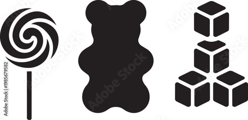 Swirl lollipop icon set with clean design, sweet icon, and gummy bear in outline style