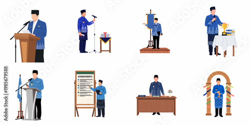 Cuadro en lienzo Vector illustration set of Indonesian civil servants in KORPRI batik uniforms engaged in official duties like public speaking, presenting, and administrative tasks