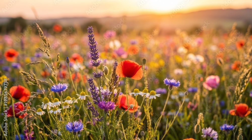 Fototapeta premium Vibrant Wildflower Field at Sunset Wildflowers Sunset Poppies Lavender Nature Field Colorful. Concept featuring wildflowers, sunset, poppies, lavender, nature for professional commercial design.