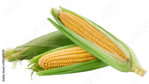 Fresh yellow corn cobs with green husks, isolated on transparent background