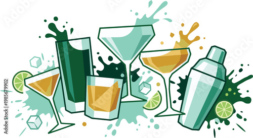 A collection of various cocktail glasses and a shaker with splashes of liquid create a party atmosphere