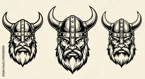 Viking warrior head vector set, bearded norseman mascot with horned helmet, vintage scandinavian barbarian portraits for esport and apparel design