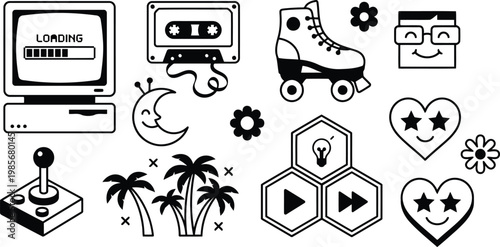 A collection of retro doodles and symbols representing 1980s and 1990s nostalgia