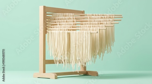 Traditional Noodle Drying Rack Noodles Drying Rack Wooden Stand Fresh Pasta Cooking Kitchen Culinary. Concept featuring noodles, drying rack, wooden stand, fresh pasta, cooking for professional com...