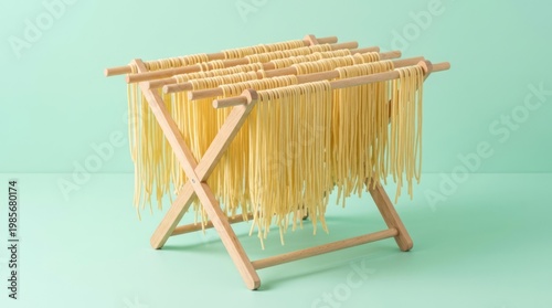 Freshly Made Pasta Drying Rack Pasta Drying Rack Fresh Pasta Cooking Food Preparation Italian Cuisine Noodles. Concept featuring pasta, drying rack, fresh pasta, cooking, food preparation for profe...