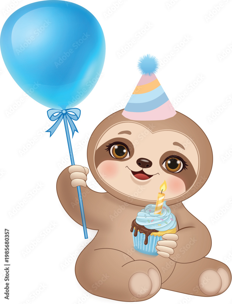 Obraz premium Sloth With Birthday Cupcake and Balloon Kids Nursery Design