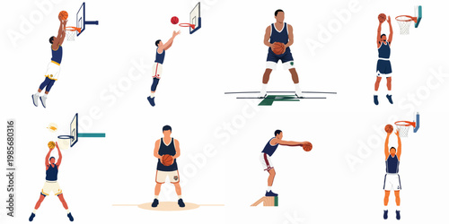 Diverse Collection of Basketball Player Illustrations Featuring Dynamic Actions like Slam Dunks, Jump Shots, and Ball Handling in a Flat Vector Style.