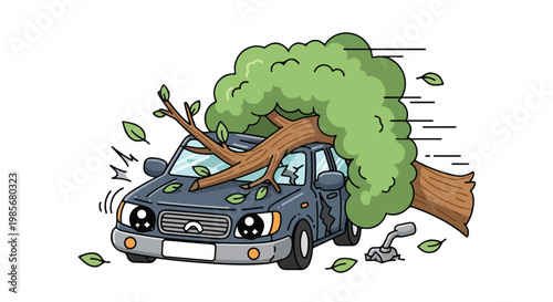 Car damaged by a fallen tree with broken branches and leaves in a natural outdoor environment during daytime