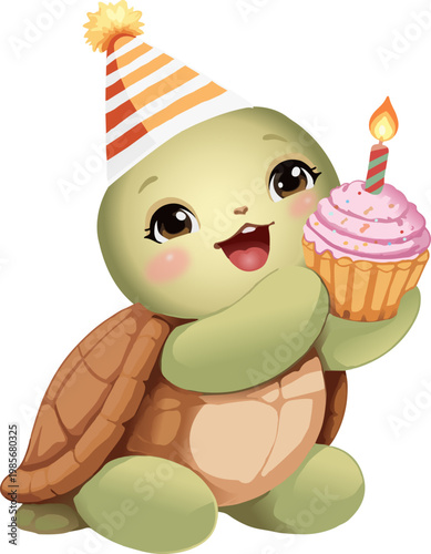 Принти на полотні Cute Turtle Holding a Birthday Cupcake Kids Nursery Design