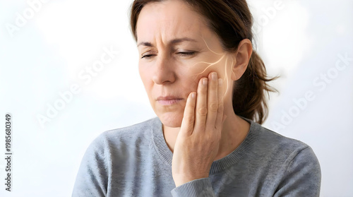 A woman experiencing sharp facial pain, with visible nerve lines illustrating trigeminal neuralgia on a clean white background for medical clarity