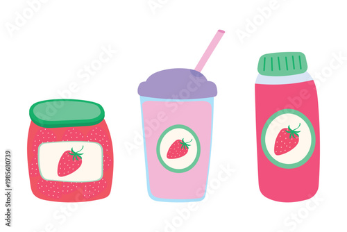 A set of strawberry products: a jam jar, a cocktail glass with a straw, and a smoothie. Flat vector illustration.
