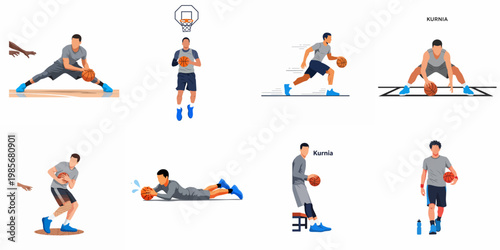 Collection of flat vector illustrations depicting various basketball player actions including dribbling, shooting, diving for a ball, and resting on a bench.