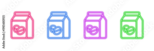 Neon glowing milk carton vector icons set, beverage, drink, packaging, container, dairy, food, product, vibrant colorful digital design illustration on transparent background.