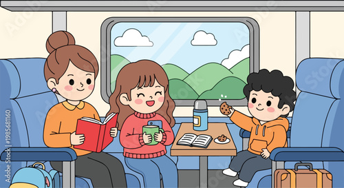 Children sitting together on a bus enjoying snacks and chatting during a daytime trip with scenic views outside