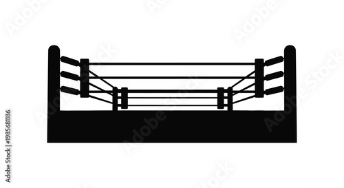 A stark black silhouette of a boxing ring with ropes and corner posts is prominently displayed silhouette